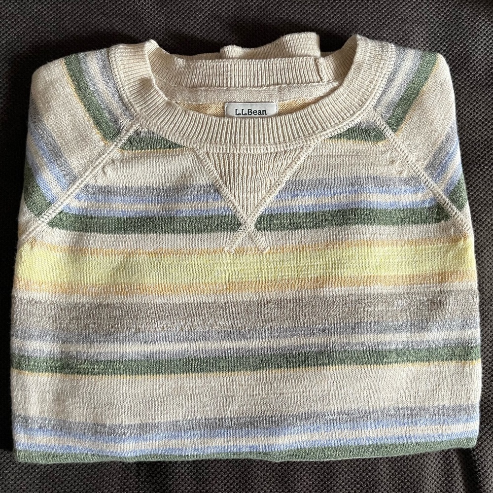 LL Bean cream with yellow, blue & green soft stripes organic cotton sweater.